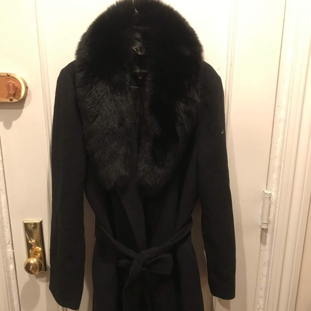 Ellen Tracy fox fur trim belted jacket